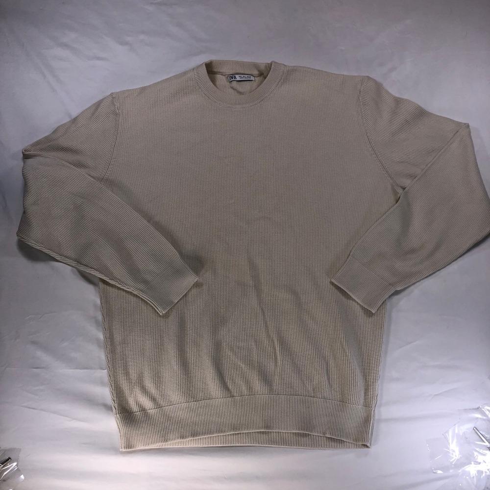 Zara Mens Waffle Knit Crewneck Sweater Cream Off-White Long Sleeve Large L